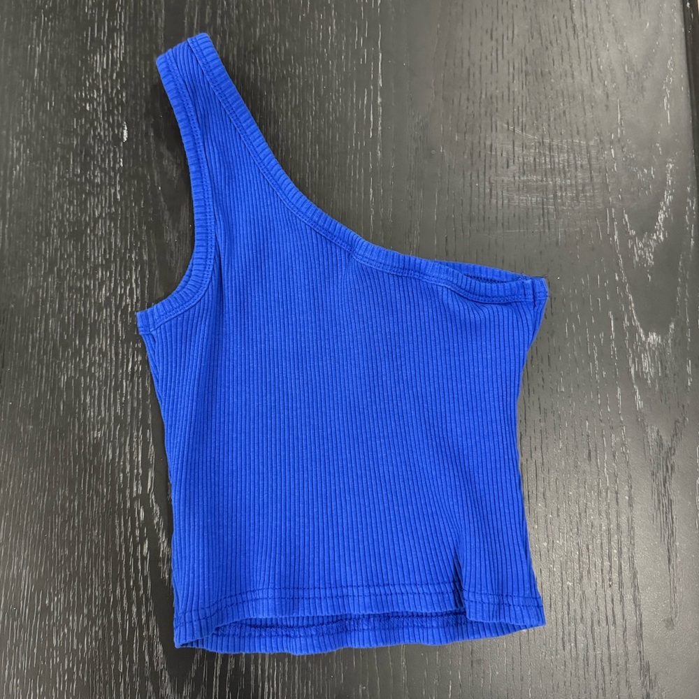 Blue One-Shoulder Ribbed Top